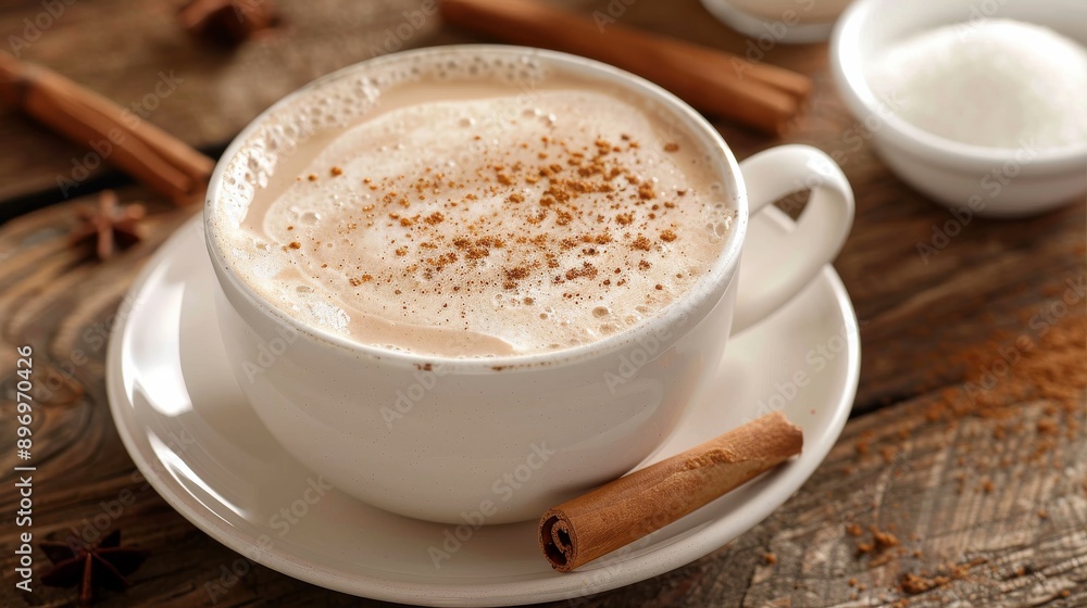 Warm Chai Latte with Frothy Milk and Cinnamon Sticks on Rustic Wooden Table Warm Chai Latte with Frothy Milk and Cinnamon Sticks on Rustic Wooden Table