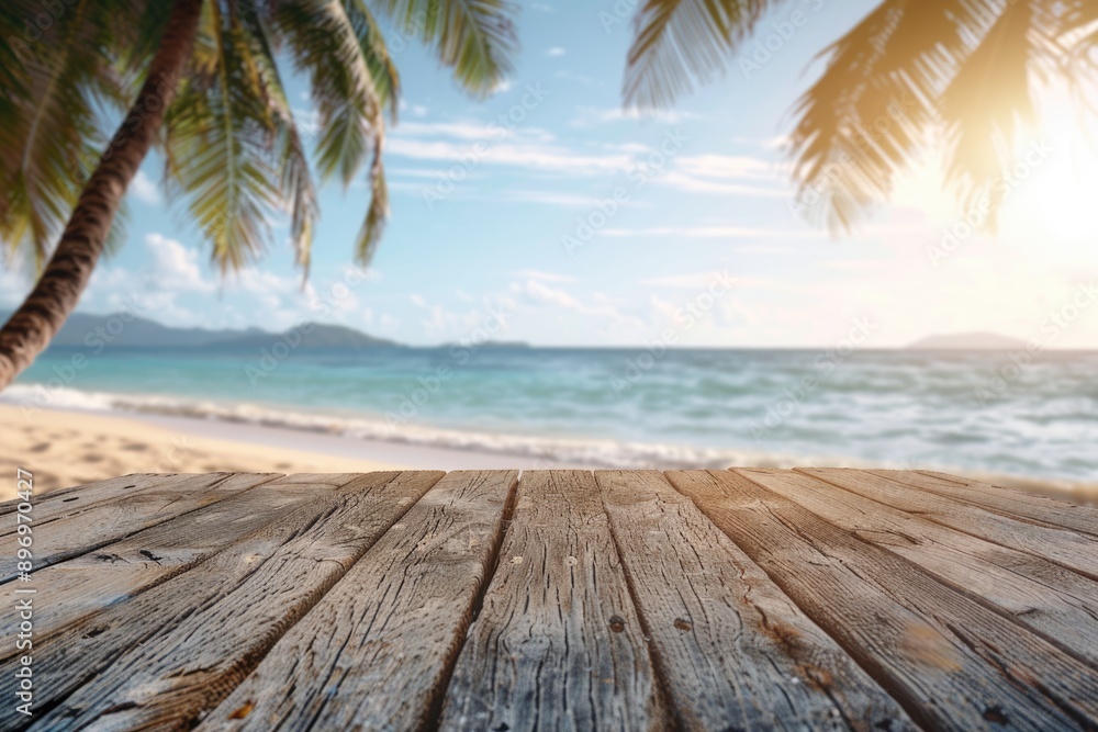Beach themed product display on wooden table with sea background. Beach themed product display on wooden table with sea background.