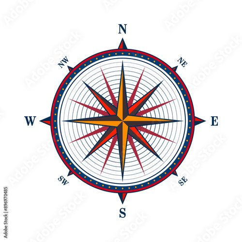 Vintage marine wind rose, nautical chart. Colorful navigational compass with cardinal directions of North, East, South, West. Geographical position, cartography and navigation. Vector illustration