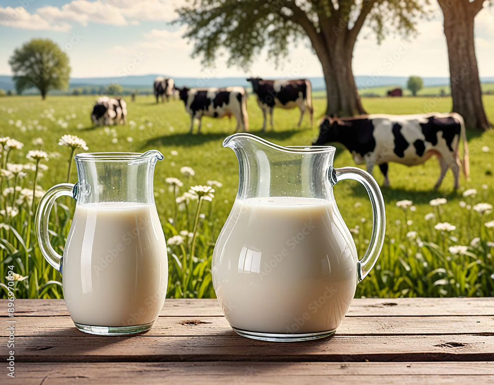 Glass containers filled with milk on a tablecloth in the grass with dairy cows in the background on a sunny meadow. Horizontal composition. Glass containers filled with milk on a tablecloth in the grass with dairy cows in the background on a sunny meadow. Horizontal composition.
