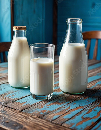 Glass containers filled with milk on a tablecloth in the grass with dairy cows in the background on a sunny meadow. Horizontal composition. photo