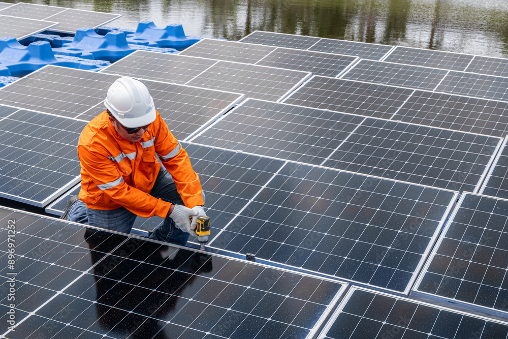 Professional Engineer Service Floating Solar Panel. Worker Maintenance Cleaning Replacing Solar Panel. Solar photovoltaic panel system in Industry lake. Saving Energy with Clean Power. Professional Engineer Service Floating Solar Panel. Worker Maintenance Cleaning Replacing Solar Panel. Solar photovoltaic panel system in Industry lake. Saving Energy with Clean Power.