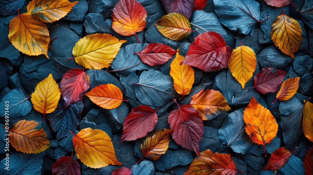 dark background with various colorful leaves scattered on the ground, creating an autumn atmosphere. dark background with various colorful leaves scattered on the ground, creating an autumn atmosphere.