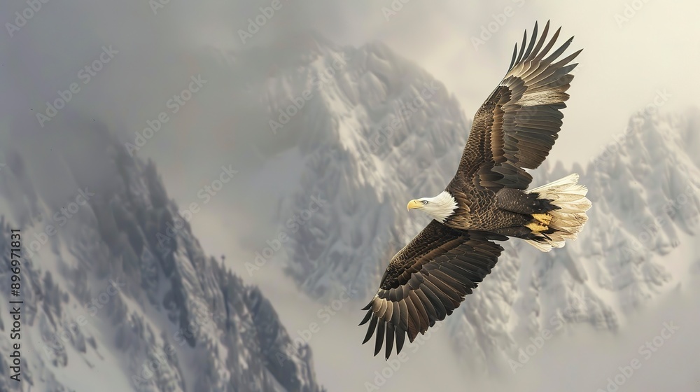 Fototapeta premium Majestic bald eagle soaring over mountain landscape