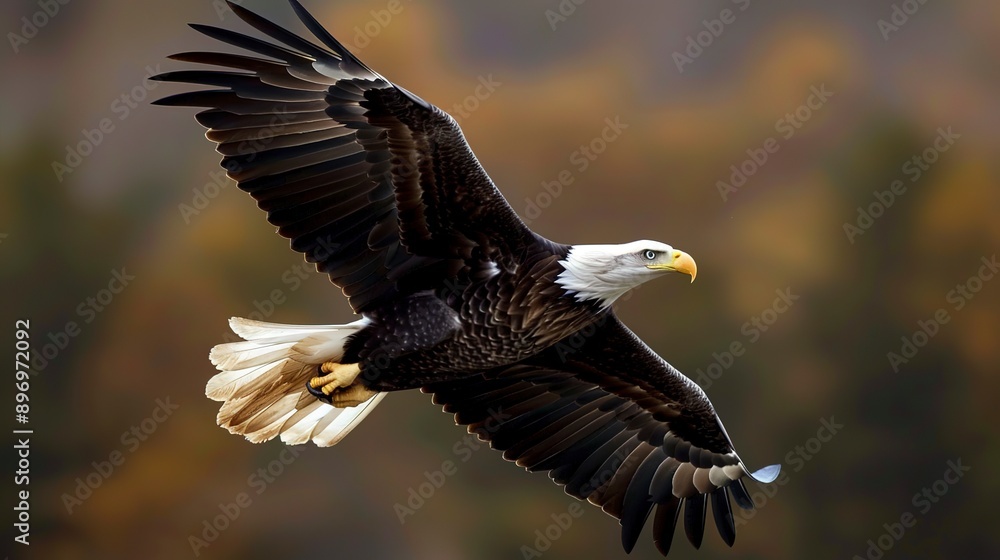 Fototapeta premium The national symbol of the USA. Eagle flying with USA flag in the background. Digital art.