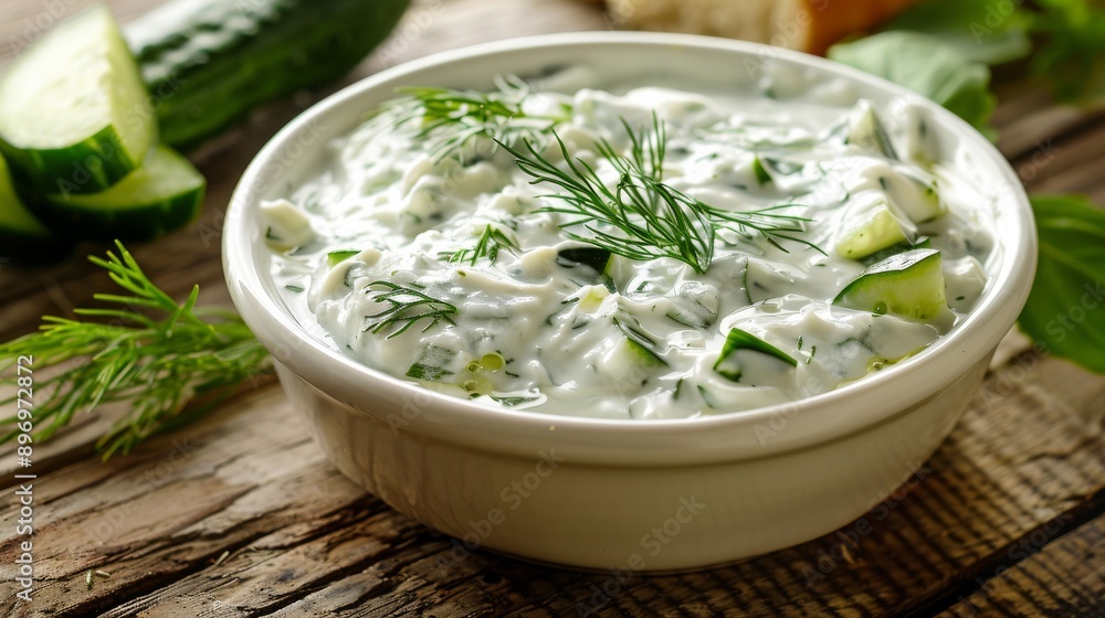 Fresh Homemade Tzatziki Sauce with Cucumbers and Dill in a Bowl on Rustic Wooden Table for Summer Cuisine and Mediterranean Cooking Fresh Homemade Tzatziki Sauce with Cucumbers and Dill in a Bowl on Rustic Wooden Table for Summer Cuisine and Mediterranean Cooking