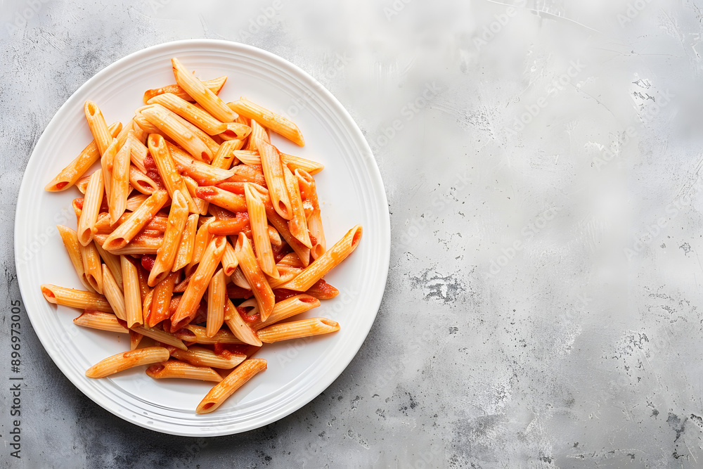 Top View of Penne Pasta in Red Sauce on White Plate with Copy Space Top View of Penne Pasta in Red Sauce on White Plate with Copy Space