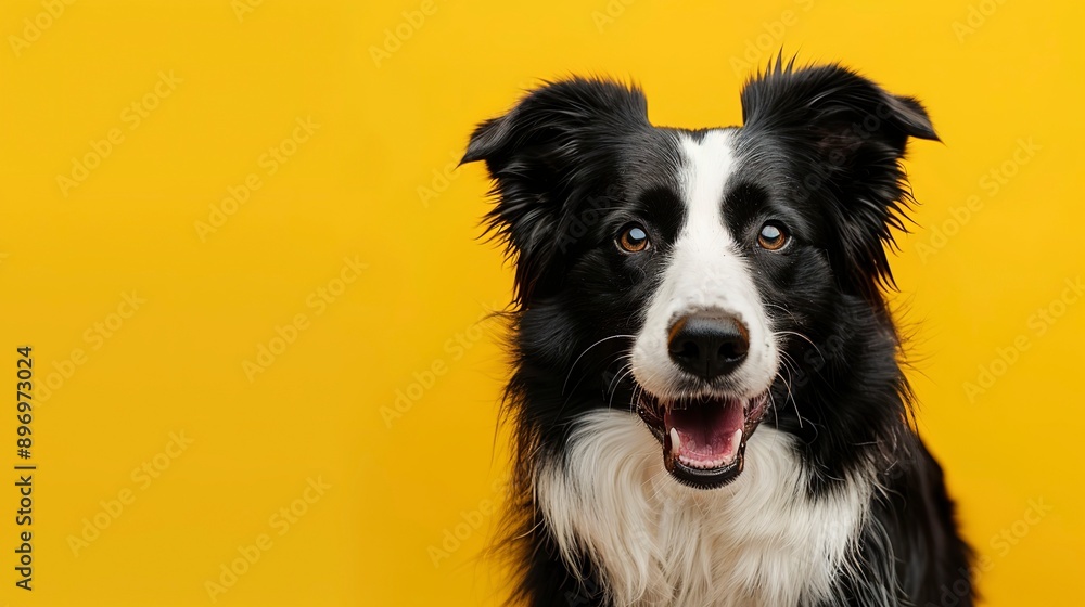 Border collie isolated on yellow background with copy space. Close up portrait of happy smiling sheepdog dog face head looking at camera. Banner for pet shop. Pet care and animals concept for ads card Border collie isolated on yellow background with copy space. Close up portrait of happy smiling sheepdog dog face head looking at camera. Banner for pet shop. Pet care and animals concept for ads card