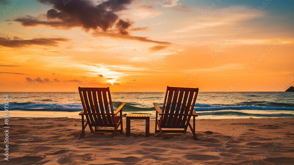 Thailand, a couple of empty beach deck chairs on a sunset tropical beach in Thailand, beach holidays, photography. Thailand, a couple of empty beach deck chairs on a sunset tropical beach in Thailand, beach holidays, photography.