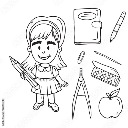 Beautiful girl with big pencil in hand in dress is going back to school. Equipment for study: notebook, pencil, paints and brush, apple and compass. Vector sketch doodle illustrations in vintage style