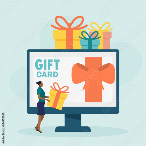 Online gift card, certificate, voucher or coupon on computer screen. Character and sale, loyalty program, bonuses, marketing. Vector illustration	