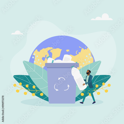 The character sorts garbage into containers for recycling and reuse. Garbage recycling. Zero waste concept. Vector illustration.	