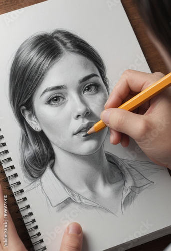  A person sketching a portrait in a notebook, capturing the details with a pencil. 