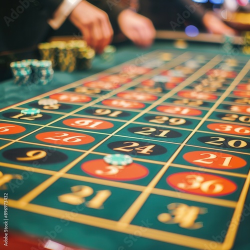 Close-up of a roulette table in a casino showing numbers and placing bets, creating an anticipation of winning. Gambling excitement.