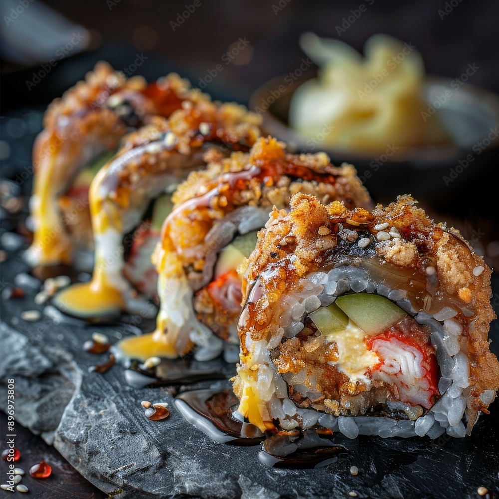 Unagi Tempura Sushi Rolls, Japanese Susi with Green Onions, Flying Fish Red Caviar, Spicy Sauce Unagi Tempura Sushi Rolls, Japanese Susi with Green Onions, Flying Fish Red Caviar, Spicy Sauce