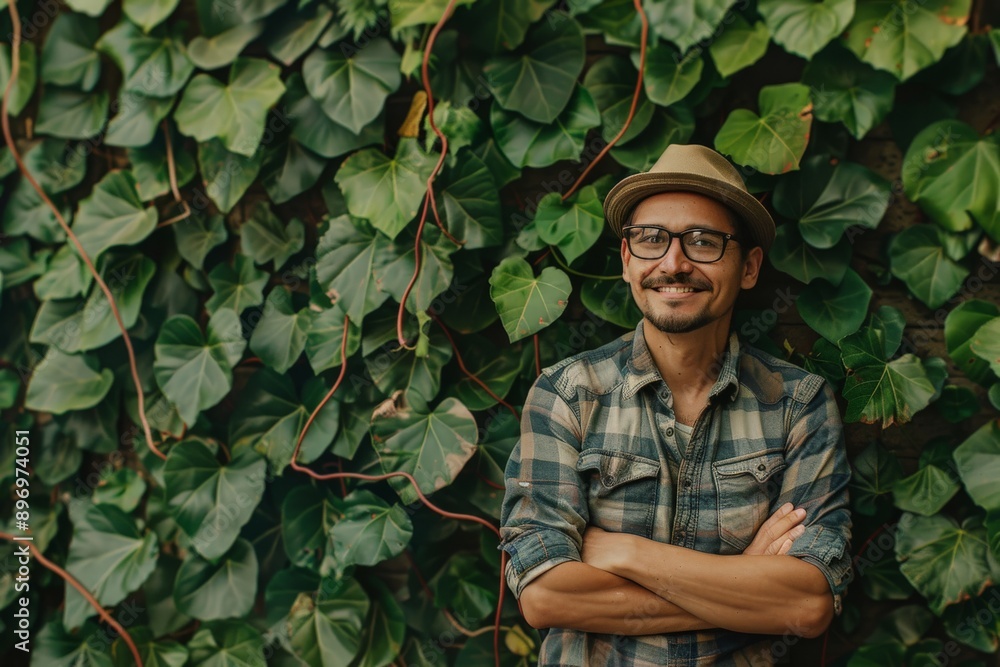 Man Standing Against Green Leaves Living Wall, Happy Man Portrait on Ivy Wall Texture Background Man Standing Against Green Leaves Living Wall, Happy Man Portrait on Ivy Wall Texture Background