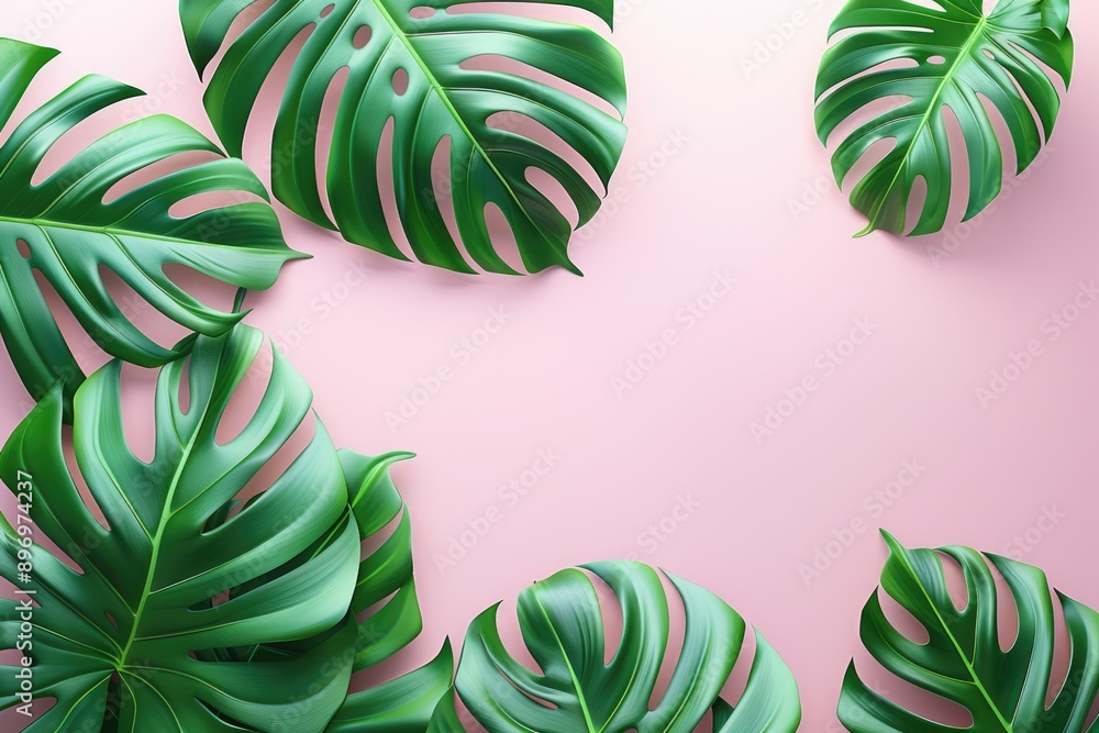 Tropical palm leaves on pink background minimal flat lay view. Tropical palm leaves on pink background minimal flat lay view.