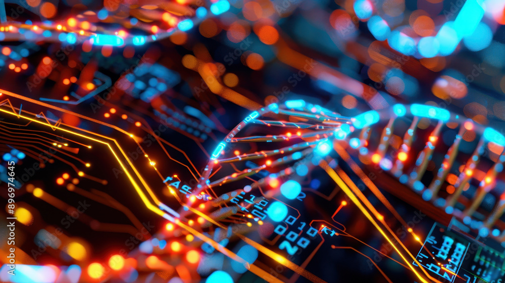 Abstract representation of DNA strands intertwined with vibrant digital circuitry, showcasing the intersection of biology and technology Abstract representation of DNA strands intertwined with vibrant digital circuitry, showcasing the intersection of biology and technology