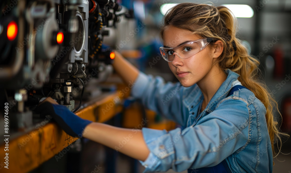 Female Mechanic in Denim Jumpsuit Fixing Industrial Compressor Engine in Workshop Setting During Daytime, Focused on Repair Work, Representing Skilled Labor and Gender Diversity in Engineering Female Mechanic in Denim Jumpsuit Fixing Industrial Compressor Engine in Workshop Setting During Daytime, Focused on Repair Work, Representing Skilled Labor and Gender Diversity in Engineering