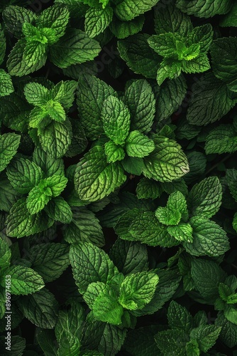 Many mint leaves texture background, fragrant spices pattern, Mentha piperita mockup, peppermint banner