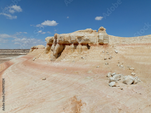 Kyzylkup tract - is small mountains built by various marine sediments. Kazakhstan, Mangystau Region. photo