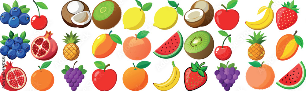 Bright cartoon-style illustration featuring an array of different fruits such as apples, bananas, watermelons, grapes, and berries.