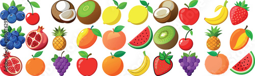 Bright cartoon-style illustration featuring an array of different fruits such as apples, bananas, watermelons, grapes, and berries.