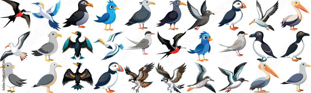 Fototapeta premium Vibrant assortment of cartoon seabirds featuring different species and poses. Ideal for educational purposes, wildlife projects, and creative designs.