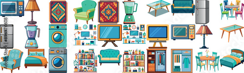 Cartoon collection of home furniture and appliances, featuring a variety of household items in a colorful and detailed style.