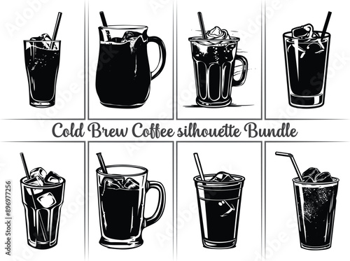 Cold brew coffee silhouette Summer drinks icon. Glass without dome lid, suitable for milkshake, smoothie, slush, or cold iced coffee