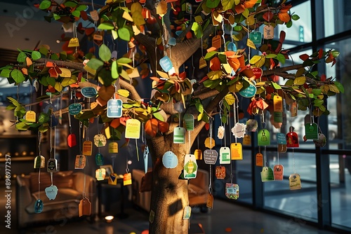 A beautifully decorated tree with donation tags instead of leaves each tag representing different charitable contributions and causes.