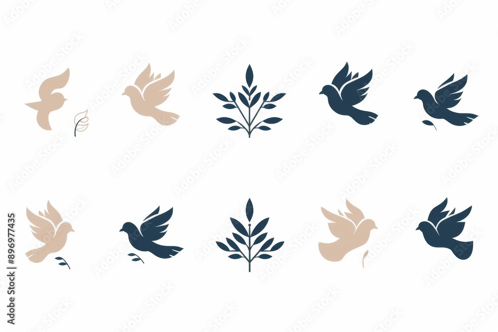 Peace dove graffiti, pigeons, twigs ink illustration. Flying birds silhouettes monochrome flat icons Peace dove graffiti, pigeons, twigs ink illustration. Flying birds silhouettes monochrome flat icons