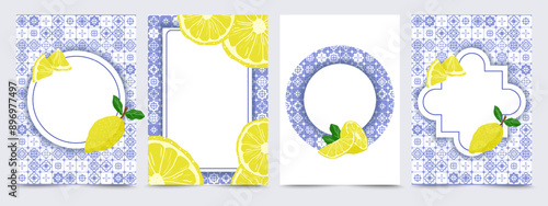 Card design Template with Lemon and Blue Tile with copy space for text. Mediterranean Invitation, background, pattern, bridal party in Coastal style. Vector illustration.