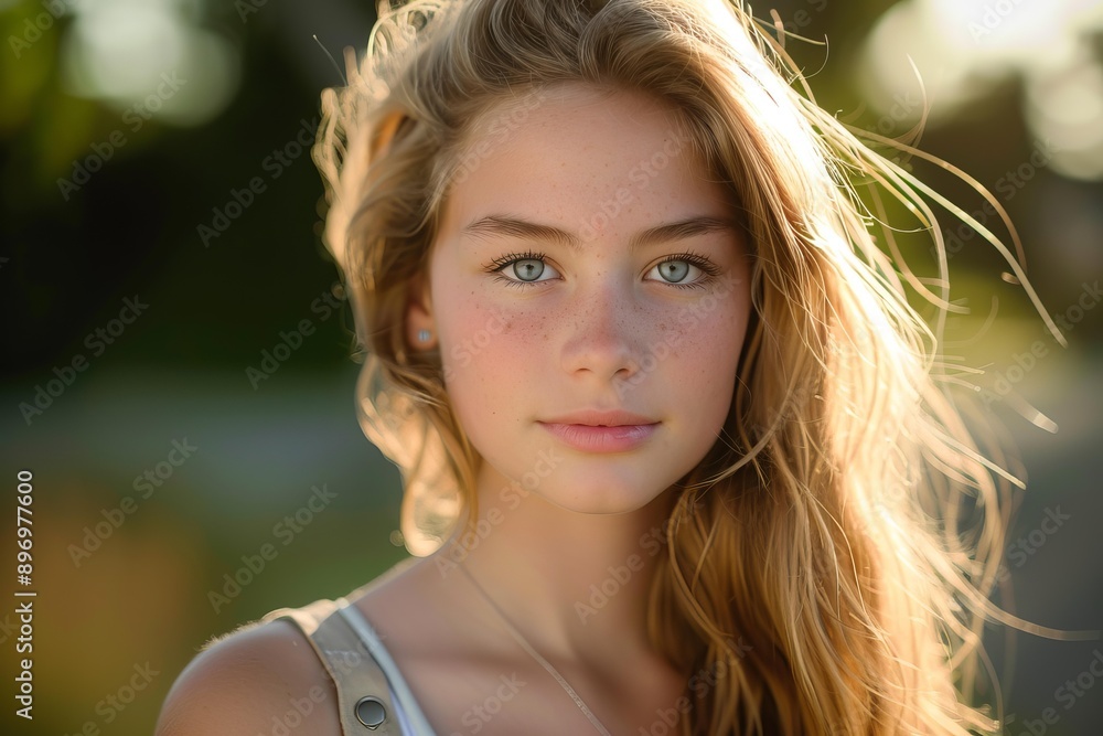 Naklejka premium Beautiful blond teenage girl with freckles and blue eyes posing in nature during golden hour