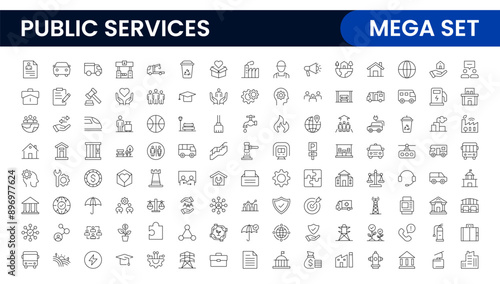 Set of outline Public Services icons. Minimalist thin linear web icon set. Line icons related to public utilities. Gas, electricity, water, heating.