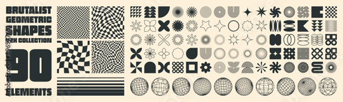 Brutalist geometric shapes, modern symbols. Groovy checkered pattern, distorted tiled grid. Simple elements, forms. Retro design, trendy contemporary minimalist style, y2k. Vector illustration