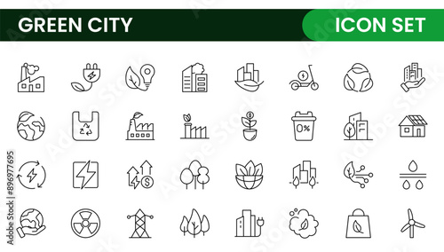 Line icons about green city. Sustainable development. Contains such icons as renewable energy, autonomous building, air and water quality.