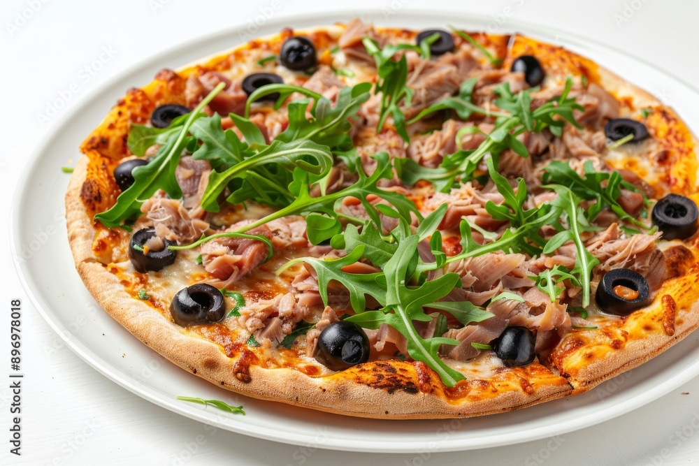 Pizza with Tuna, Black Olives and Fresh Arugula, Traditional Italian Seafood Pizza with Yellowfin Meat Pizza with Tuna, Black Olives and Fresh Arugula, Traditional Italian Seafood Pizza with Yellowfin Meat