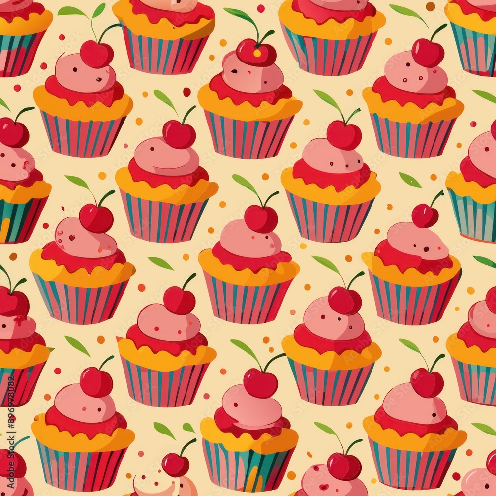 Seamless pattern of cupcakes topped with cherries, Generative AI Seamless pattern of cupcakes topped with cherries, Generative AI