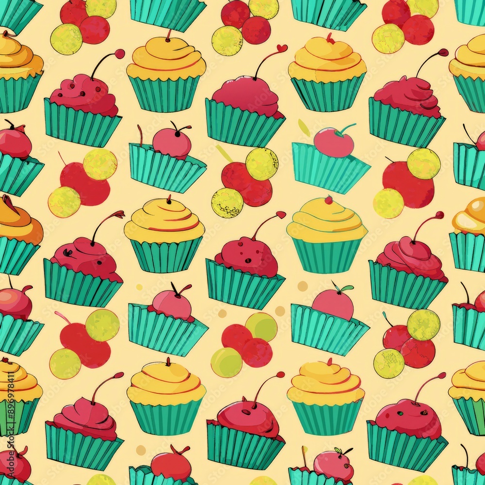 Seamless pattern of cupcakes topped with cherries, Generative AI Seamless pattern of cupcakes topped with cherries, Generative AI