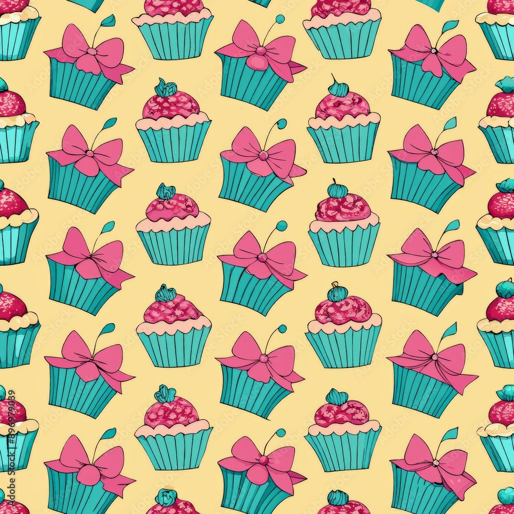 Seamless pattern of cupcakes with bow decorations, Generative AI Seamless pattern of cupcakes with bow decorations, Generative AI