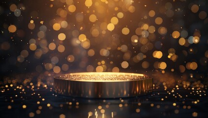 A podium with gold glitter Gold background podium stage golden 3D platform light stand product. Background podium abstract gold award scene pedestal luxury display template ceremony winner