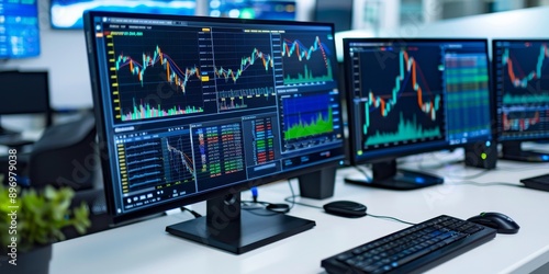 Close-up of a modern desktop computer with multiple monitors displaying financial charts and graphs in an office setting