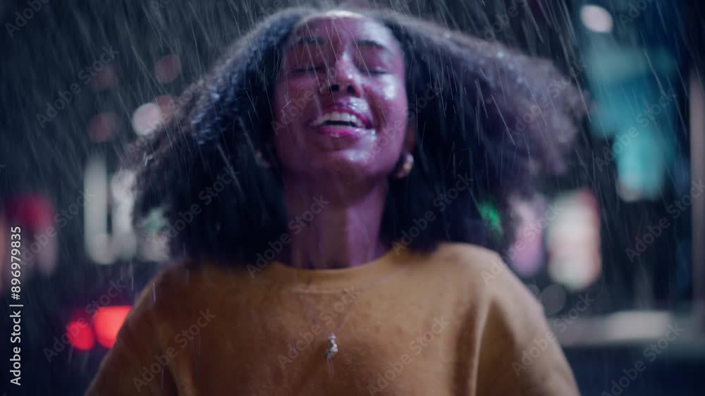 Portrait of a Cheerful African Girl Standing Under the Rain Without an ...