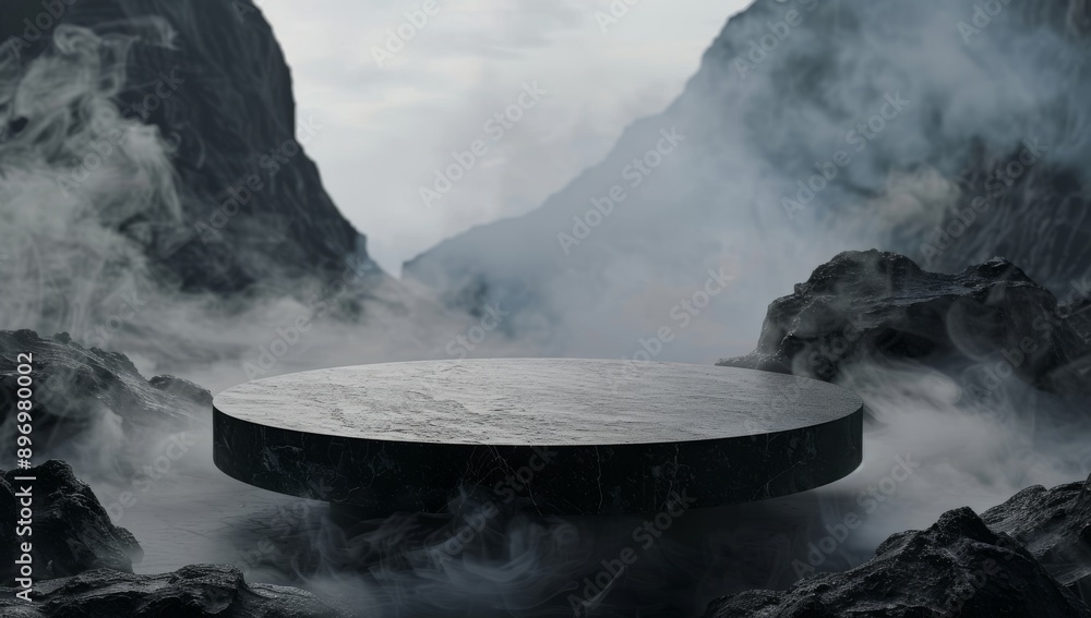 Stone podium for product presentation on dark background with fog and ...