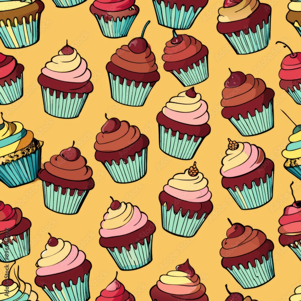 Seamless pattern of cupcakes with chocolate drizzle, Generative AI Seamless pattern of cupcakes with chocolate drizzle, Generative AI