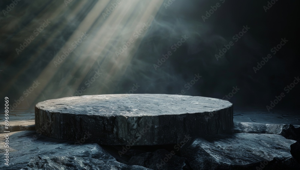 Stone podium for product presentation on dark background with fog and cliffs black dark smoke background product platform spotlight. dramatic table concrete wall scene place display studio smoky dust Stone podium for product presentation on dark background with fog and cliffs black dark smoke background product platform spotlight. dramatic table concrete wall scene place display studio smoky dust