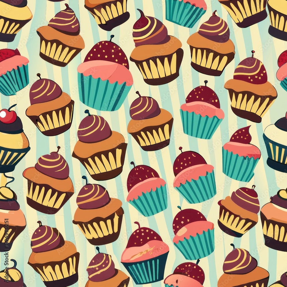 Seamless pattern of cupcakes with chocolate drizzle, Generative AI Seamless pattern of cupcakes with chocolate drizzle, Generative AI