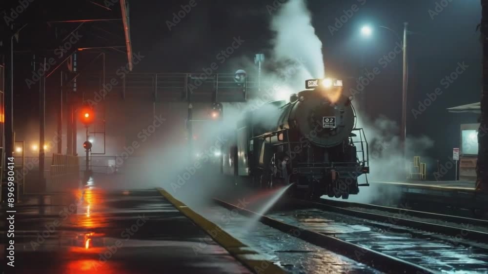 Steam Locomotive in Motion at Night with Illuminated Fog Steam Locomotive in Motion at Night with Illuminated Fog
