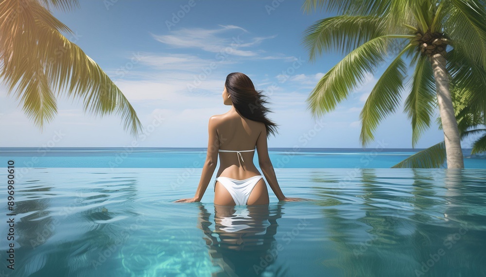portrait of a woman in white swimsuit in the infinity pool on the beach portrait of a woman in white swimsuit in the infinity pool on the beach